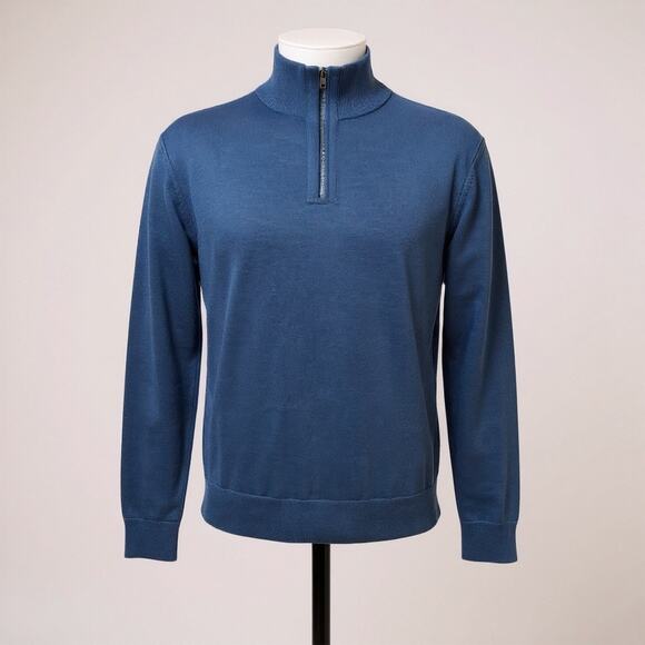 Banana Republic Sweater Lg Blue 100% Merino Wool Mock Neck 1/4 Zip Pullover NEW - Picture 1 of 11